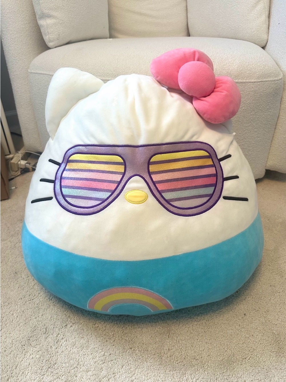Squishmallows White Cat Pillow with Pink Bow and Blue Base